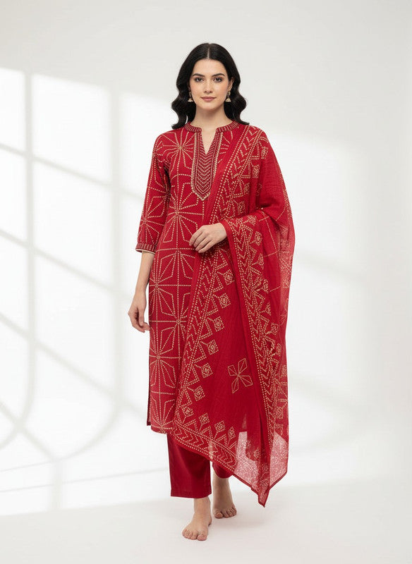 Classic Crimson Bandhani Motif Kurta Set with Dupatta
