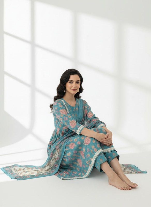 Elegant Teal Floral Anarkali Kurta Pant Set with Dupatta