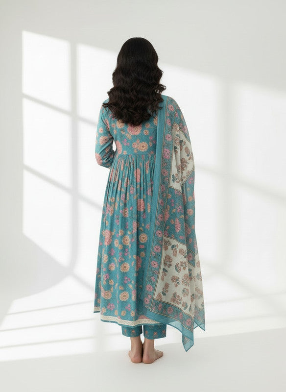 Elegant Teal Floral Anarkali Kurta Pant Set with Dupatta