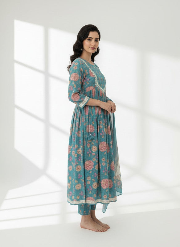 Elegant Teal Floral Anarkali Kurta Pant Set with Dupatta