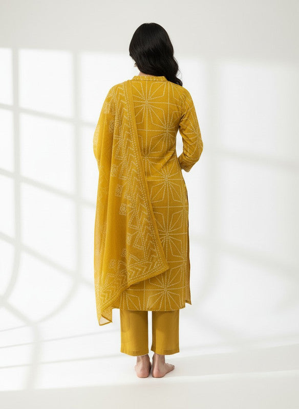 Elegant Mustard Bandhani Printed Kurta Pant Set with Dupatta