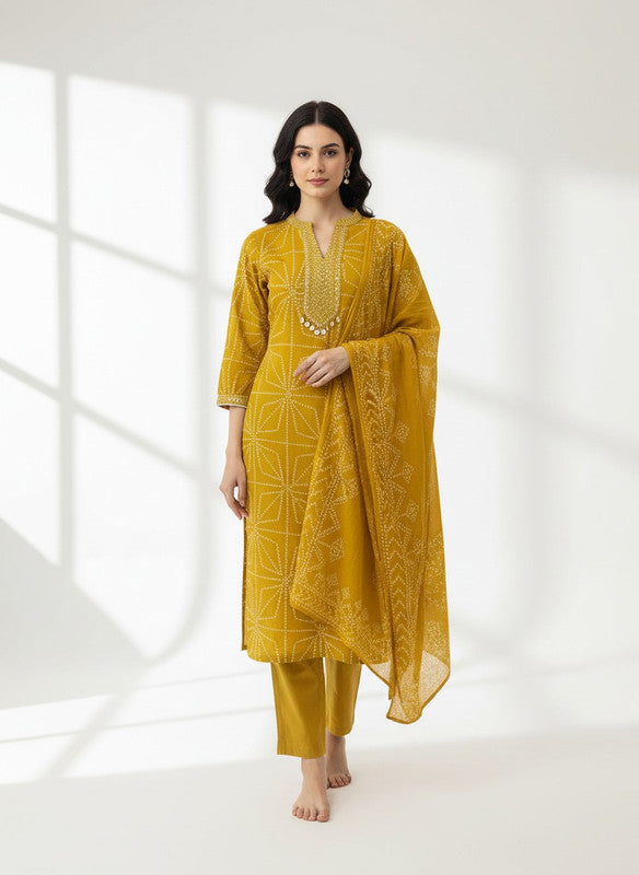 Elegant Mustard Bandhani Printed Kurta Pant Set with Dupatta
