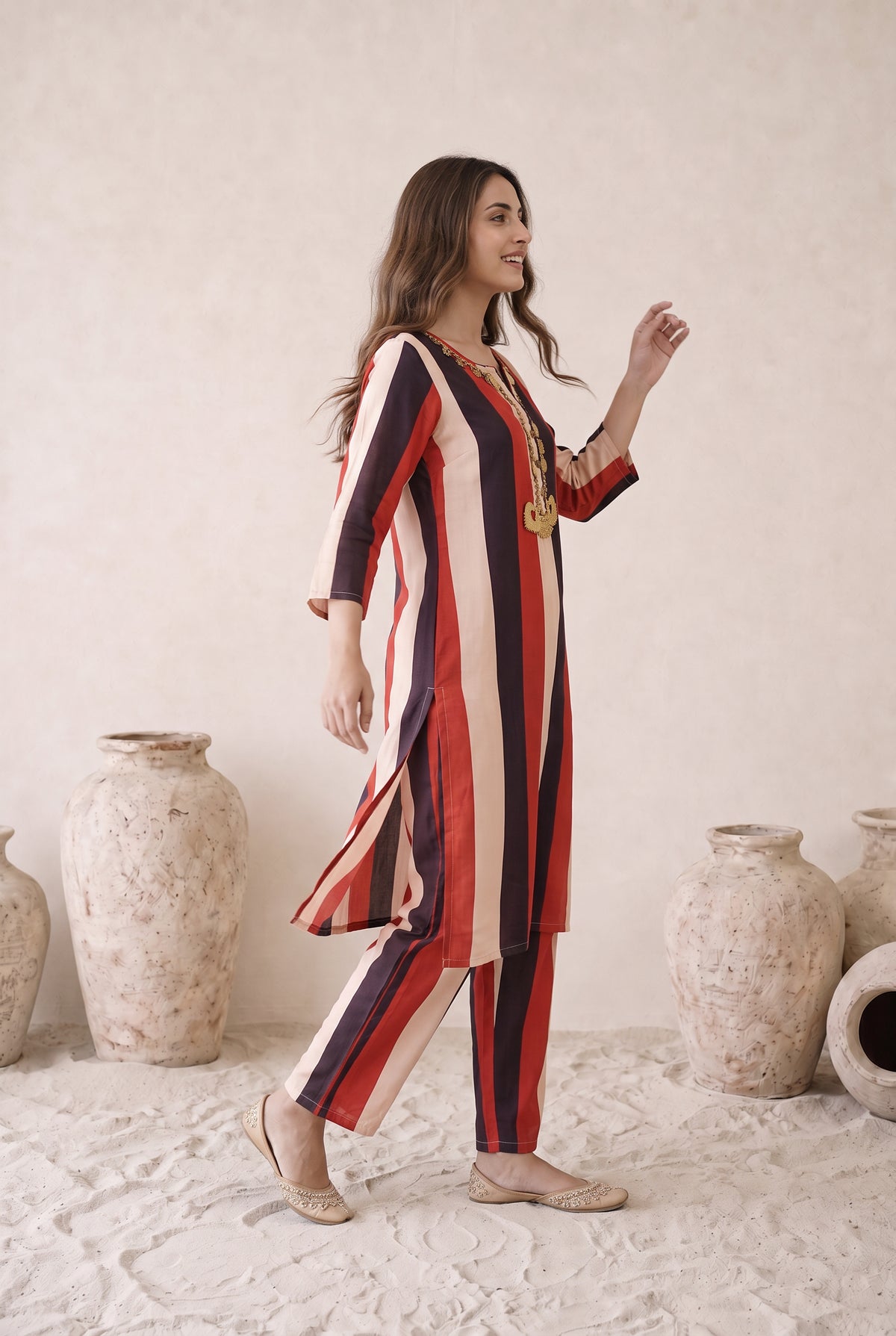 Meher Red, Black & Cream Striped Printed Muslin Kaftan Set