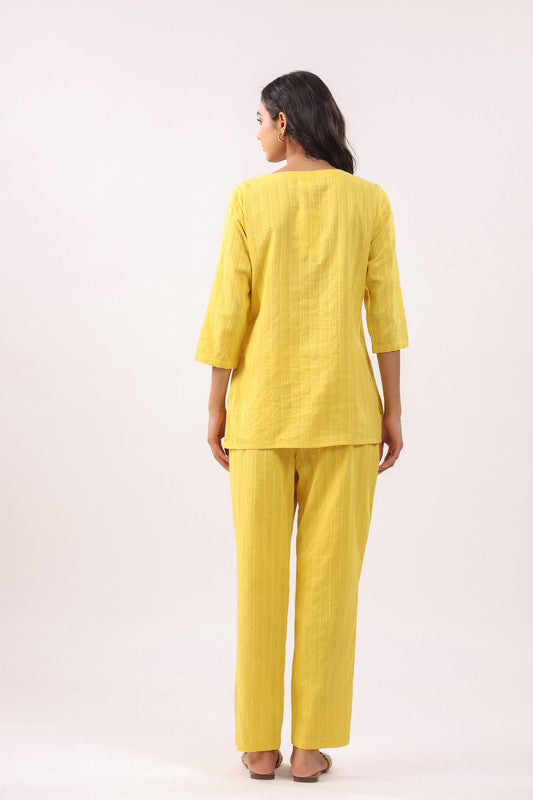 Sun-Kissed Yellow Cotton Dobby Loungewear Top Set