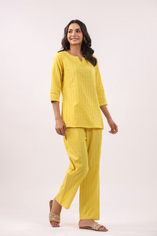 Sun-Kissed Yellow Cotton Dobby Loungewear Top Set