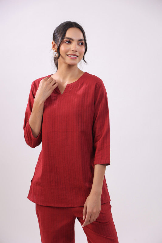 Maroon Mirage Cotton Dobby Loungewear Top Set