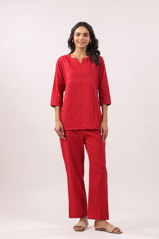 Garnet Glow Cotton Dobby Loungewear Top Set