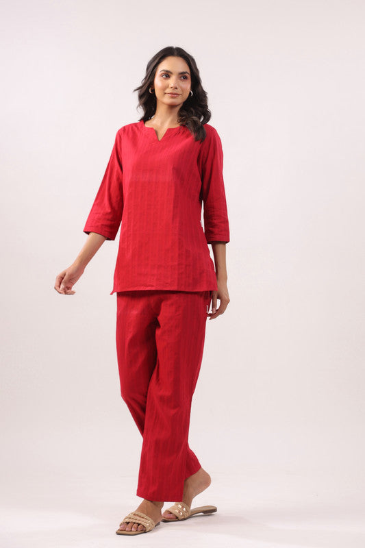 Garnet Glow Cotton Dobby Loungewear Top Set