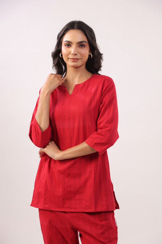 Garnet Glow Cotton Dobby Loungewear Top Set