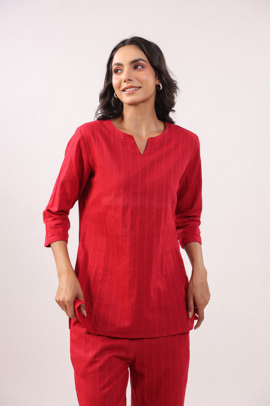 Garnet Glow Cotton Dobby Loungewear Top Set