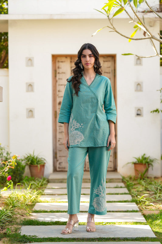 Teal Twinkle Embroidered Cotton Flex Co-ord Set