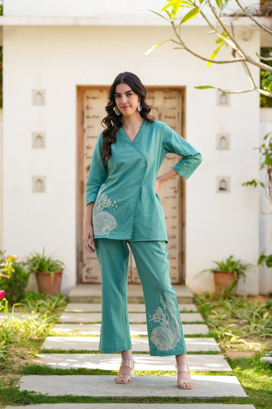 Teal Twinkle Embroidered Cotton Flex Co-ord Set