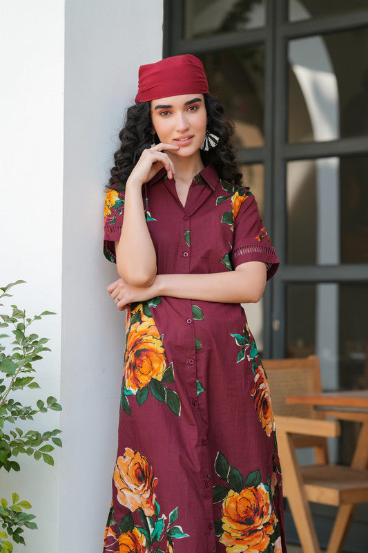 Maroon Meadow Shirt Cotton Dress