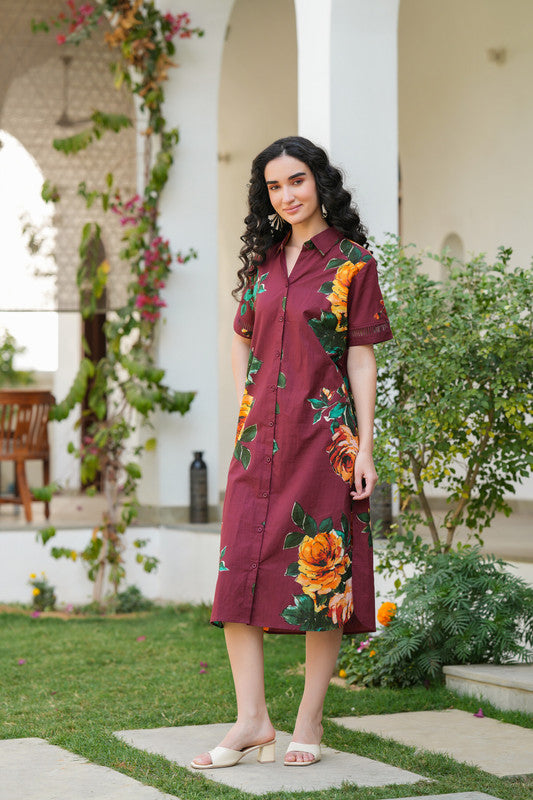 Maroon Meadow Shirt Cotton Dress