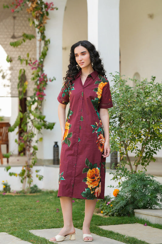 Maroon Meadow Shirt Cotton Dress