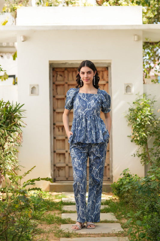 Midnight Blue Paisley Peplum Cotton Co-ord Set