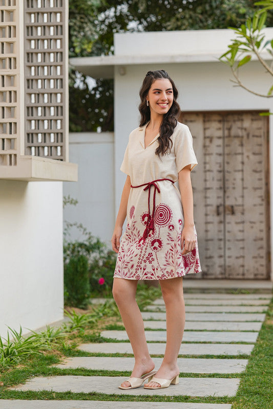 Ivory Blossom Belted Cotton Flex Dress