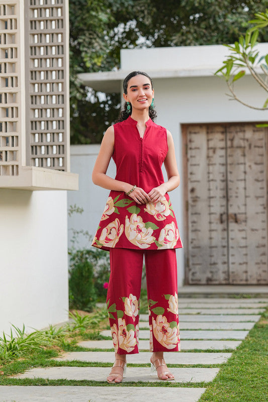 Crimson Blossom Cotton Flex Co-ord Set