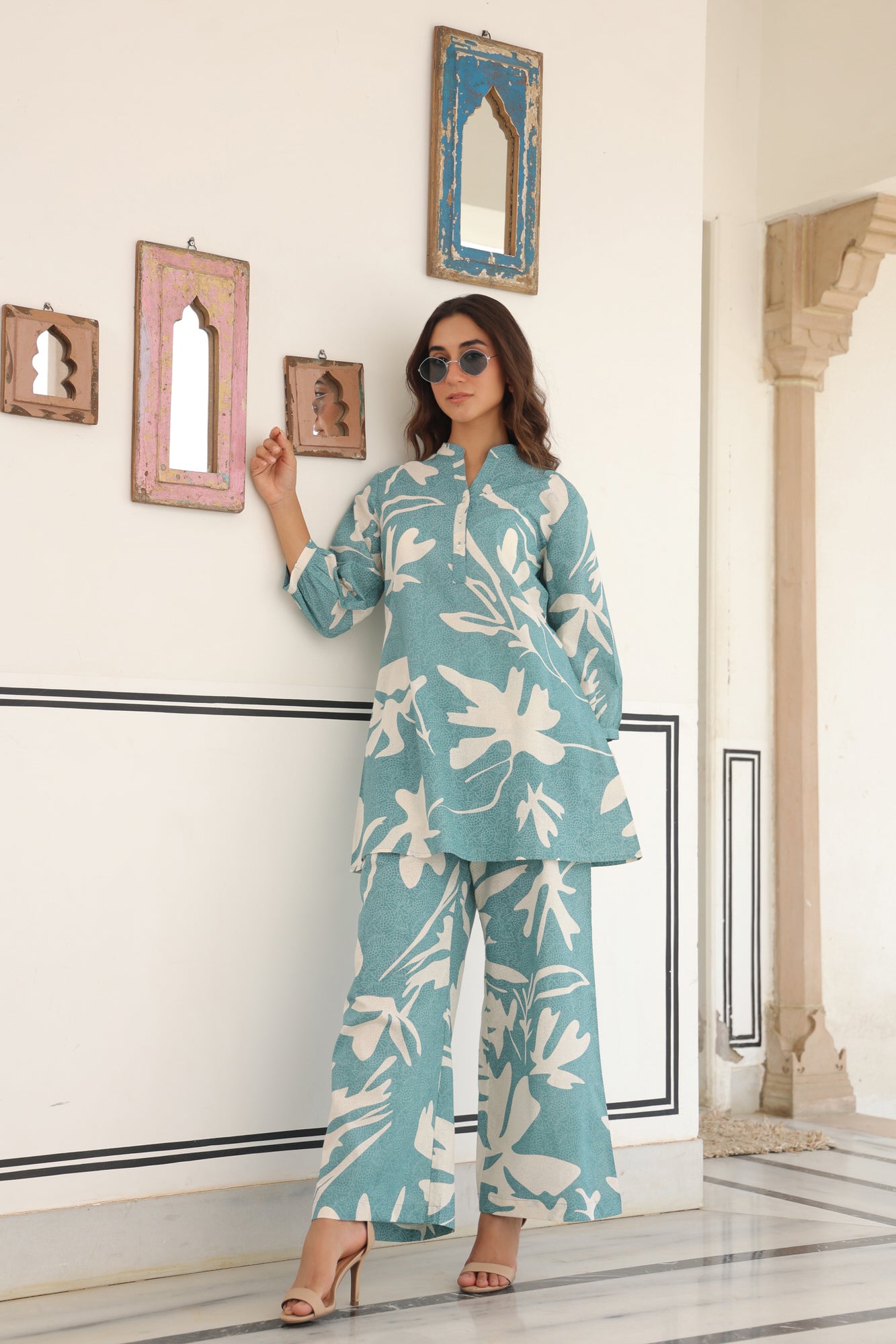 Leafy Elegance Blue Cotton Co-ord Set