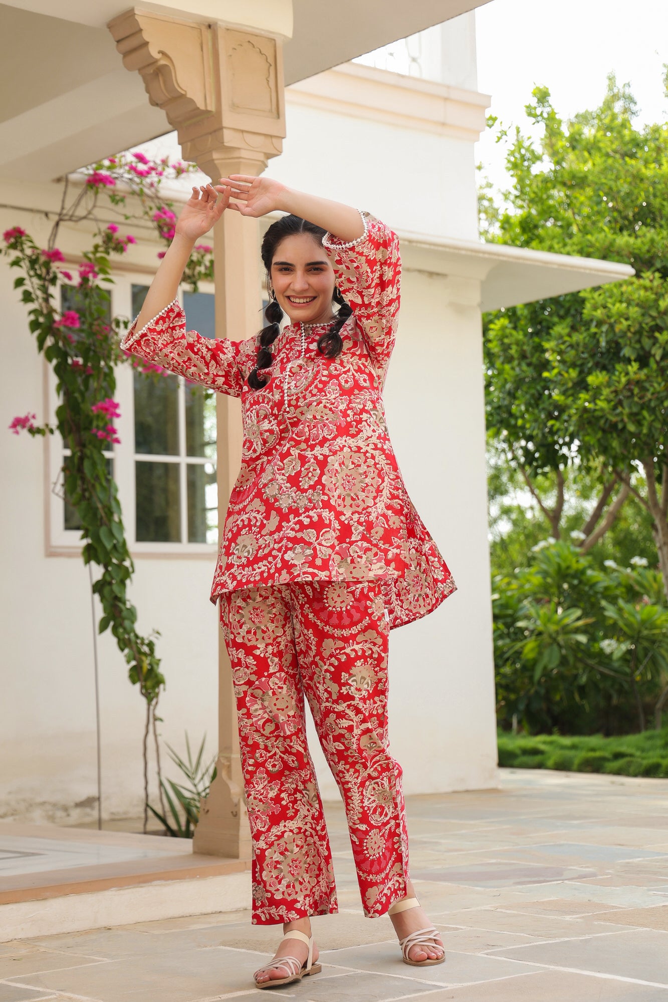 Vibrant Meadow Red Cotton Co-ord Set