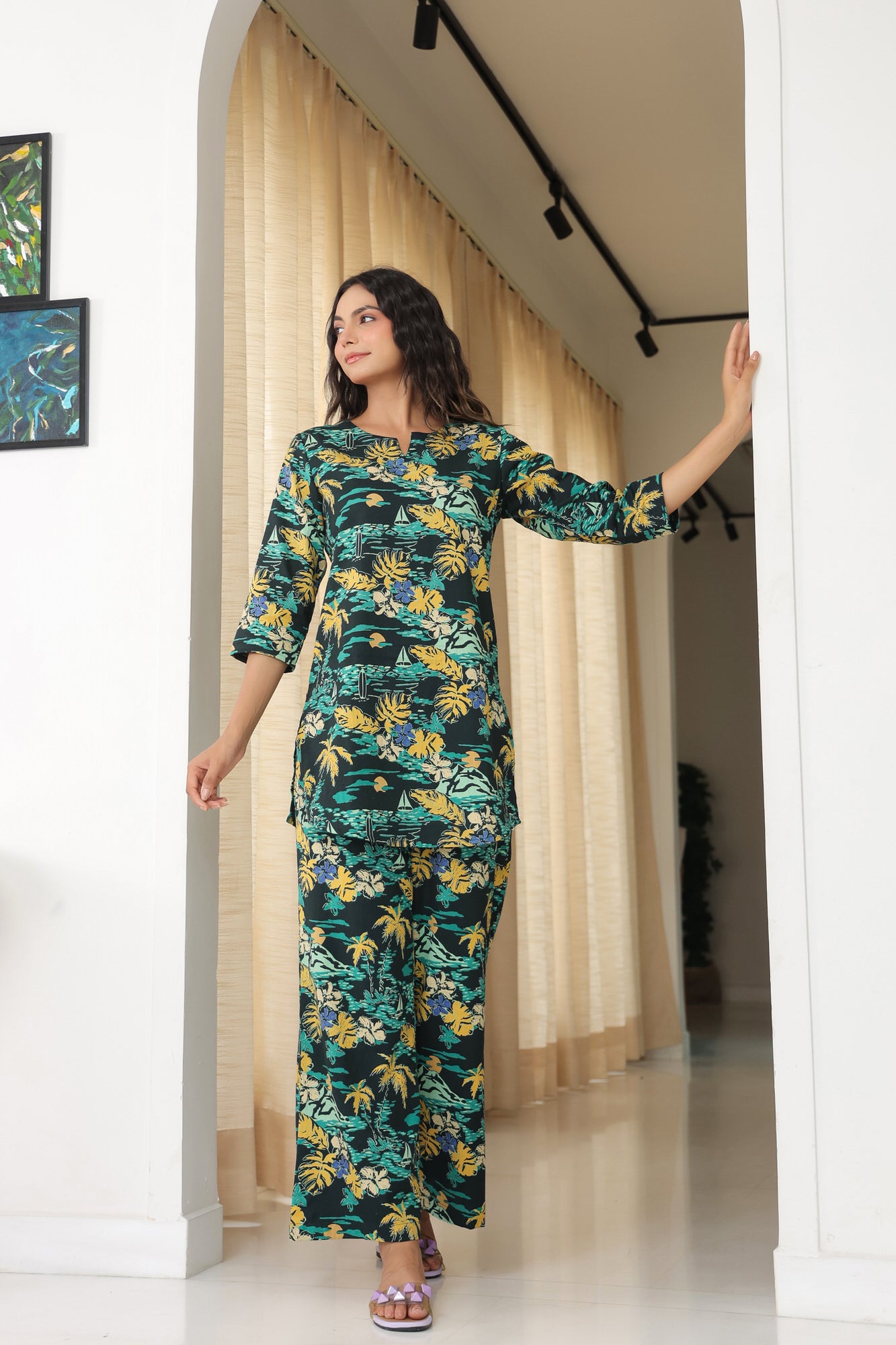 Pecan Pie Black Cotton Flex Palazzo Loungewear Set