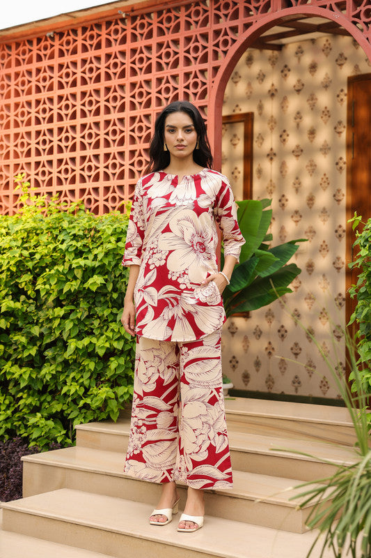 Red & Beige Tropical Floral Cotton Co-ord Set
