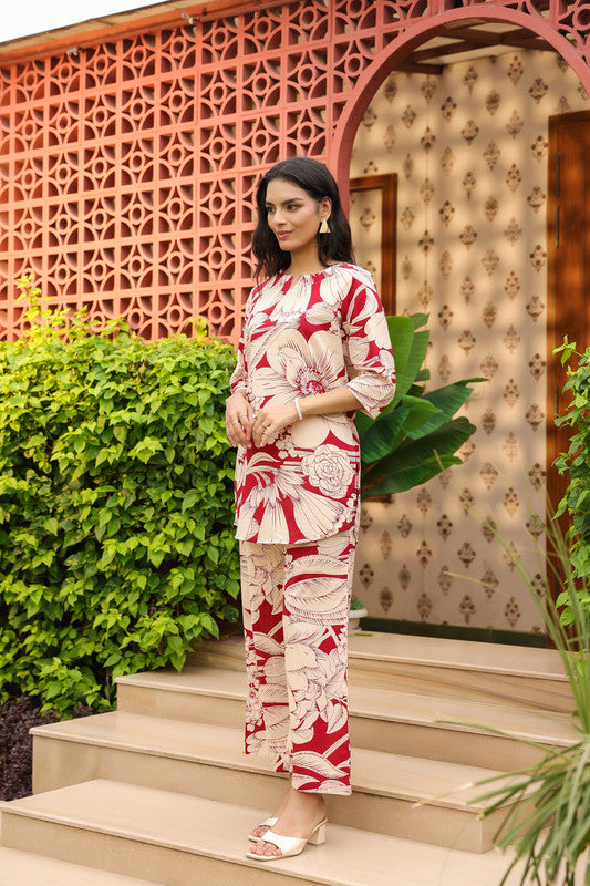 Red & Beige Tropical Floral Cotton Co-ord Set