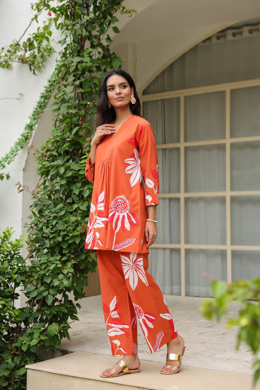 Orange Floral Printed Cotton Co-ord Set