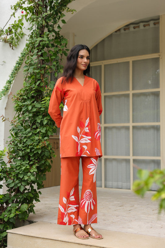 Orange Floral Printed Cotton Co-ord Set