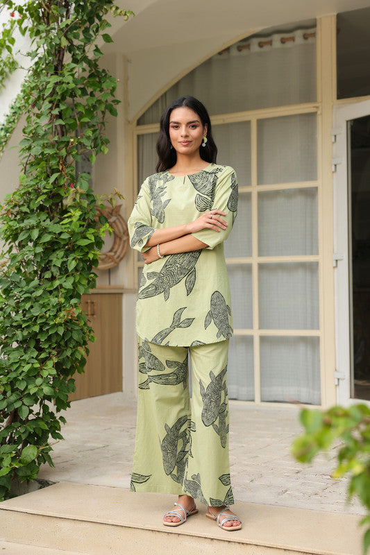 Serene Pastel Green & Peach Floral Cotton Co-ord Set