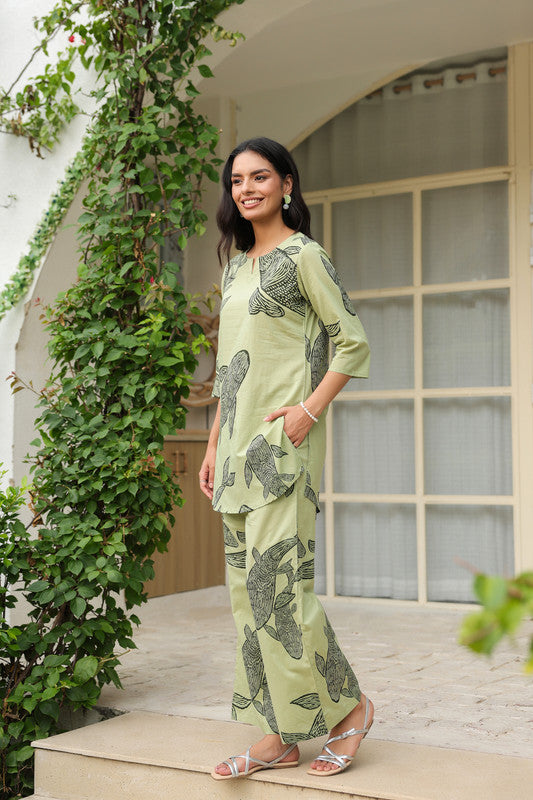 Serene Pastel Green & Peach Floral Cotton Co-ord Set