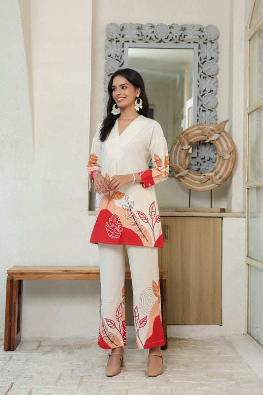 Leaf Motifs Printed Off-White and Red Cotton Flex Co-ord Set