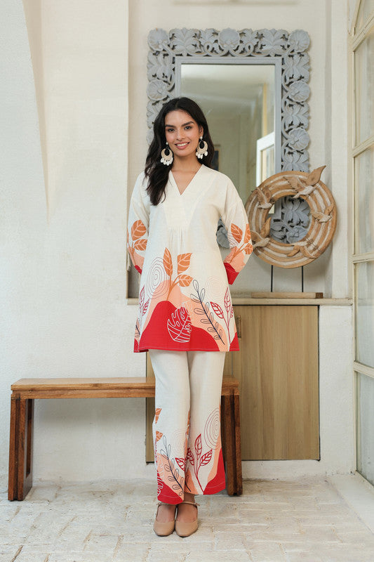 Leaf Motifs Printed Off-White and Red Cotton Flex Co-ord Set