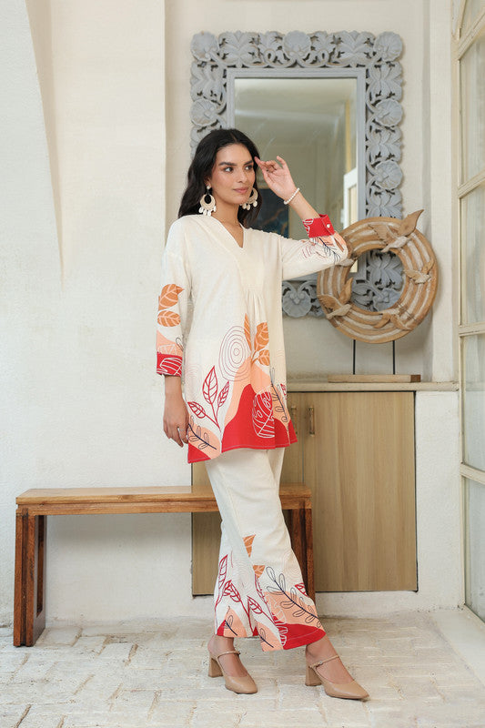 Leaf Motifs Printed Off-White and Red Cotton Flex Co-ord Set