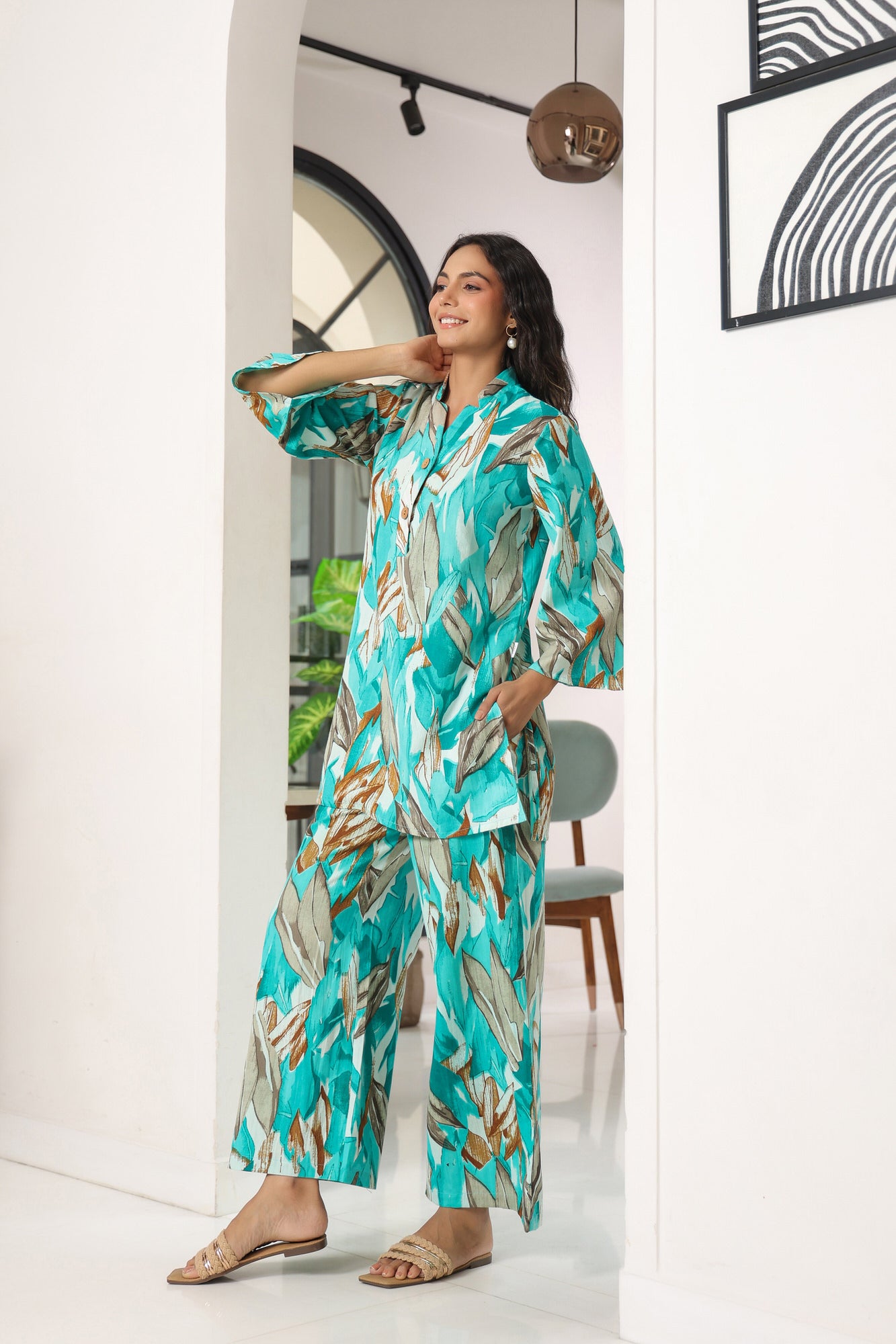 Aqua Leaves Blue Cotton Palazzo Loungewear Set