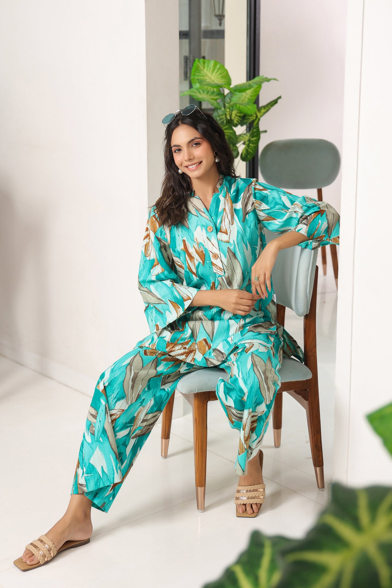 Aqua Leaves Blue Cotton Co-ord Set