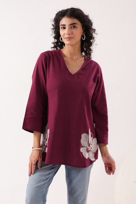 Petal Touch Embroidered Wine Cotton Flex Top