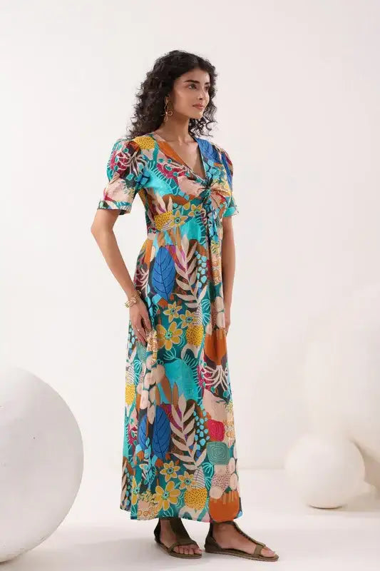 Tropical Mosaic Blue Cotton Dress