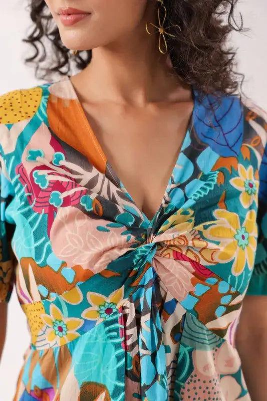 Tropical Mosaic Blue Cotton Dress