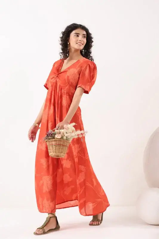 Saffron Breeze Ensemble Red Cotton Dress