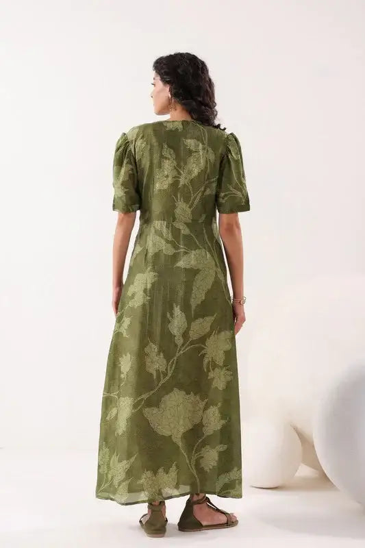 Olive Green Floral Cotton Gathered Dress