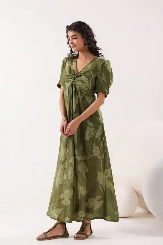 Olive Green Floral Cotton Gathered Dress
