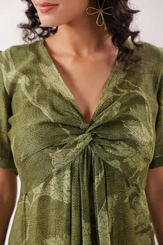Olive Green Floral Cotton Gathered Dress