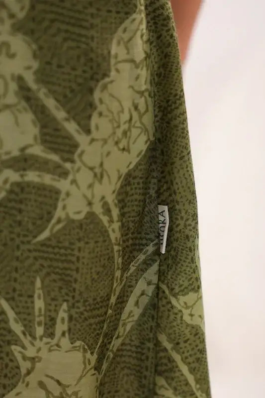 Olive Green Floral Cotton Gathered Dress