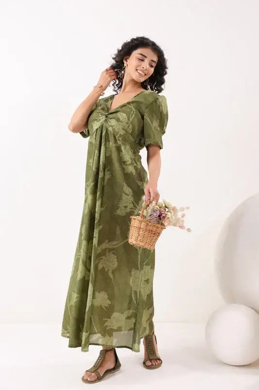 Olive Green Floral Cotton Gathered Dress