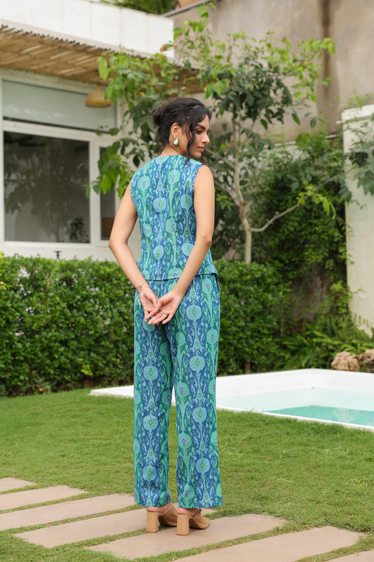 Ikat Symphony Blue-Green Sleeveless Cotton Flex Co-ord Set