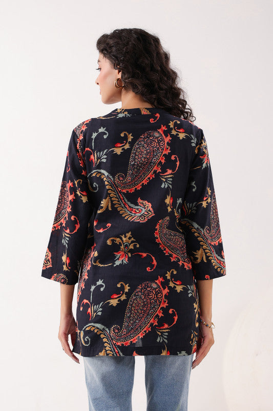 Dark Paisley Cotton Floral Black Top