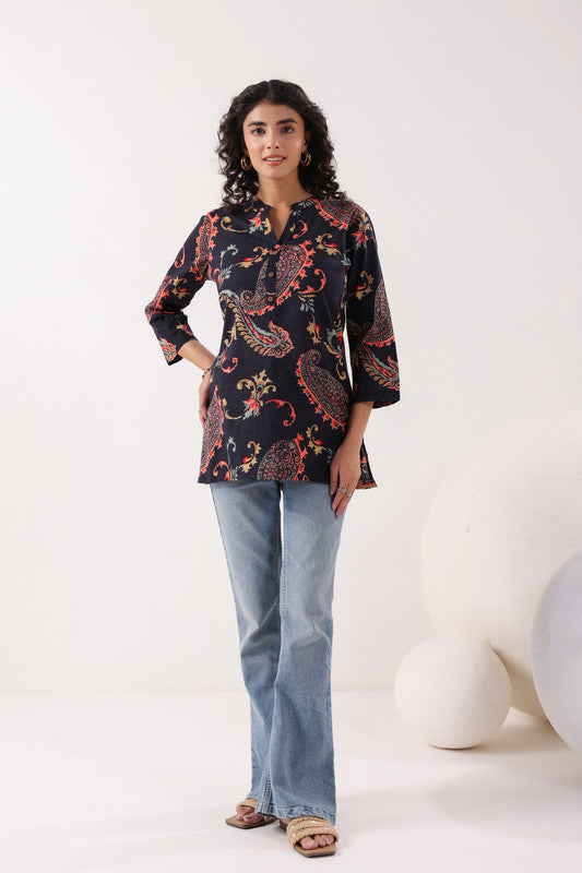 Dark Paisley Cotton Floral Black Top