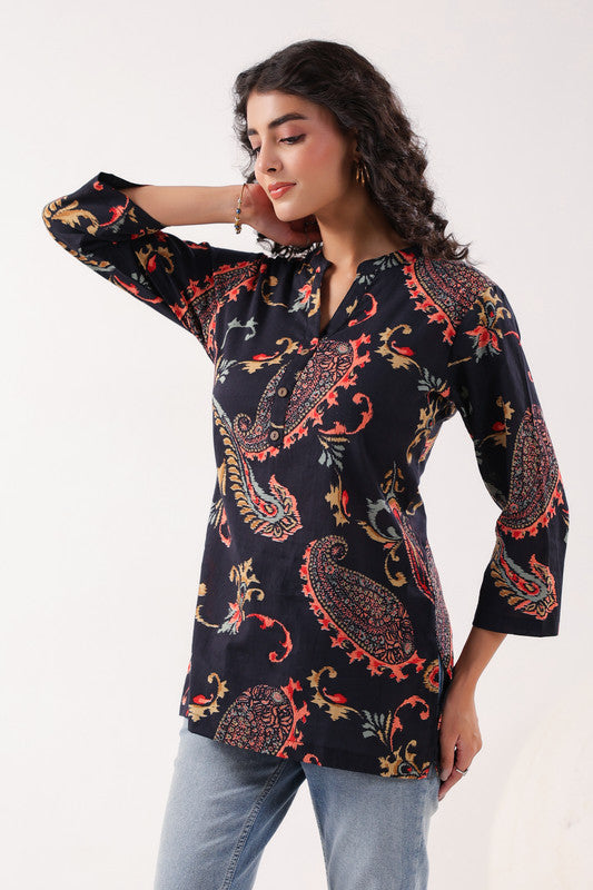 Dark Paisley Cotton Floral Black Top