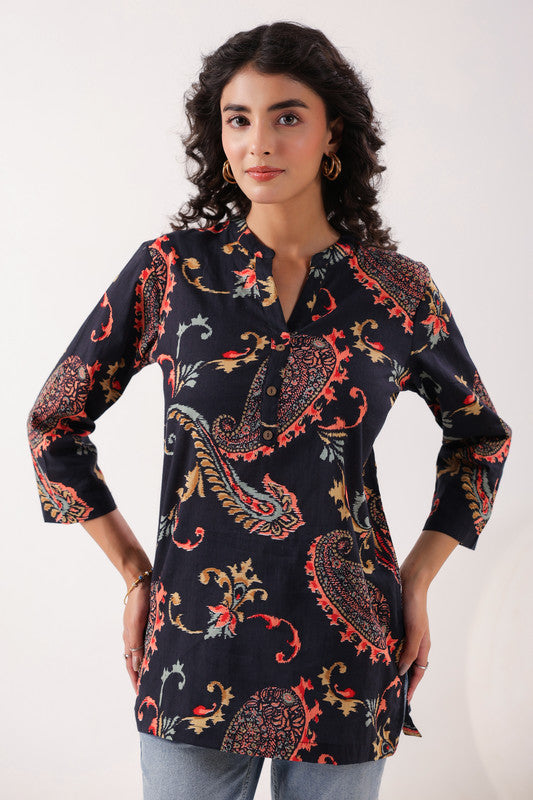 Dark Paisley Cotton Floral Black Top